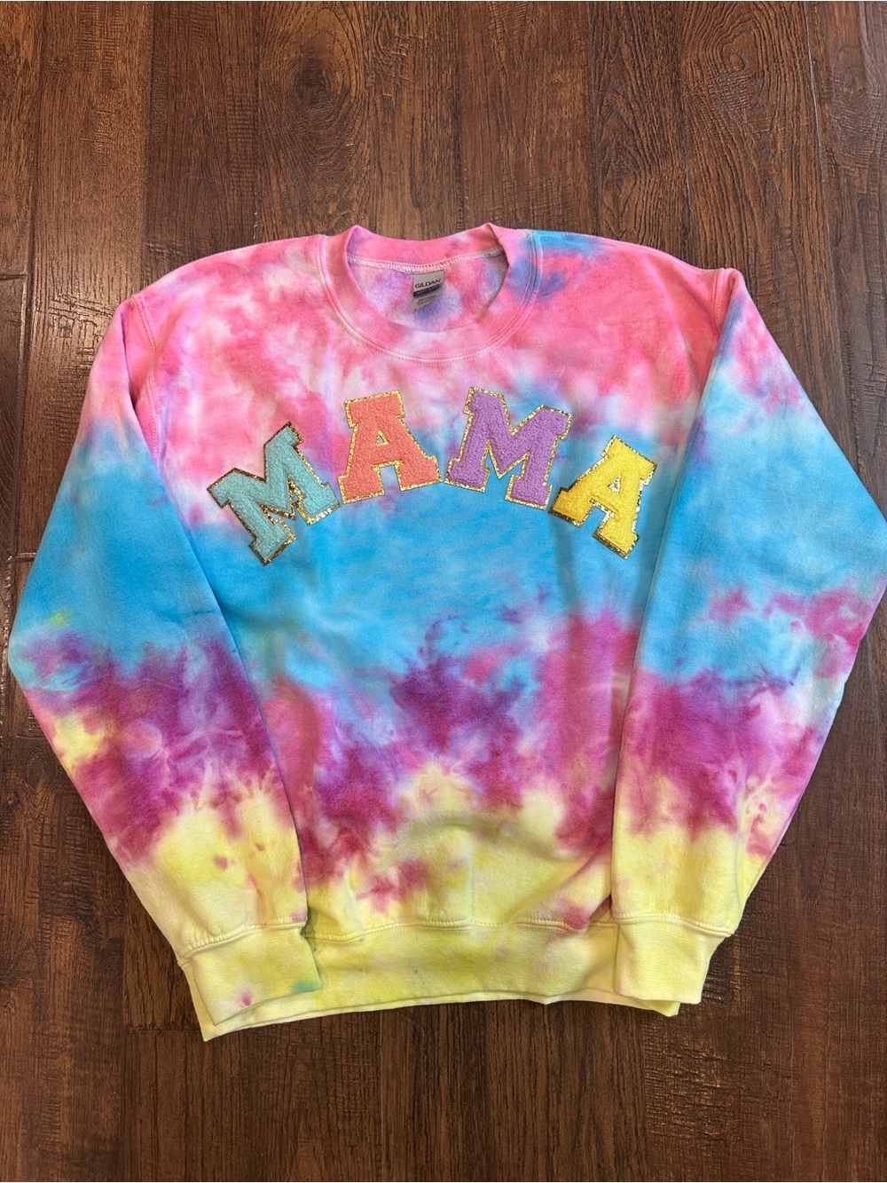 Gildan Pink Blue Yellow Tie-Dye Crewneck with 'MAMA' Appliqué